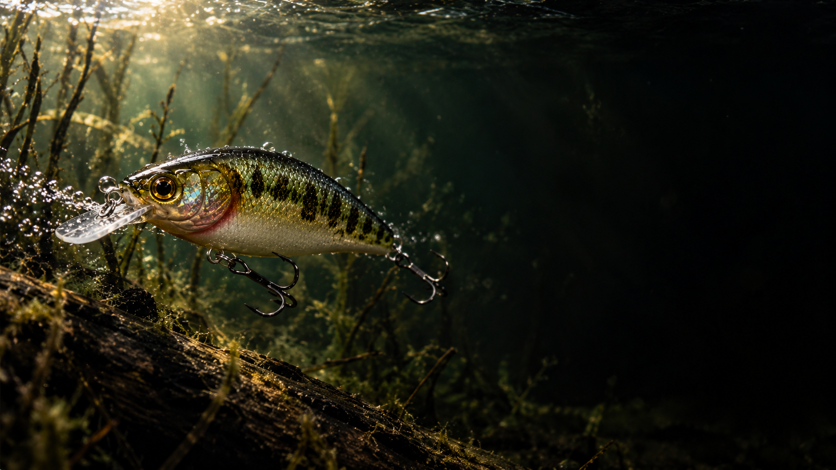 The Drifter crankbait swimming underwater past a sunken log and weeds
