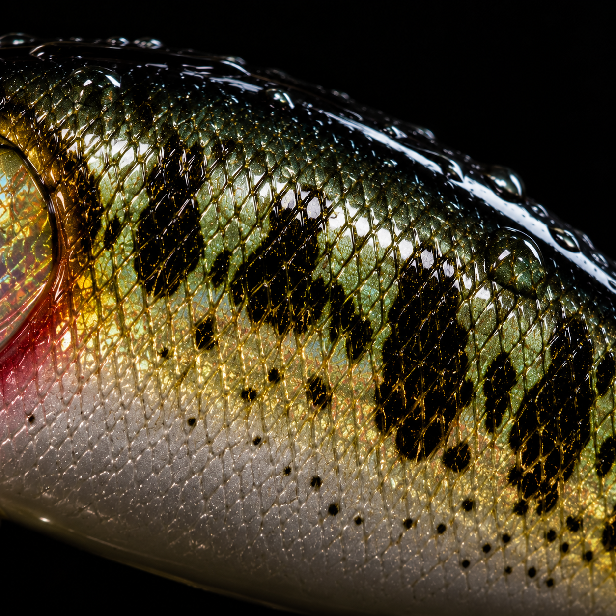 Close-up of the Baby Bass finish — holographic scales and bass blotches
