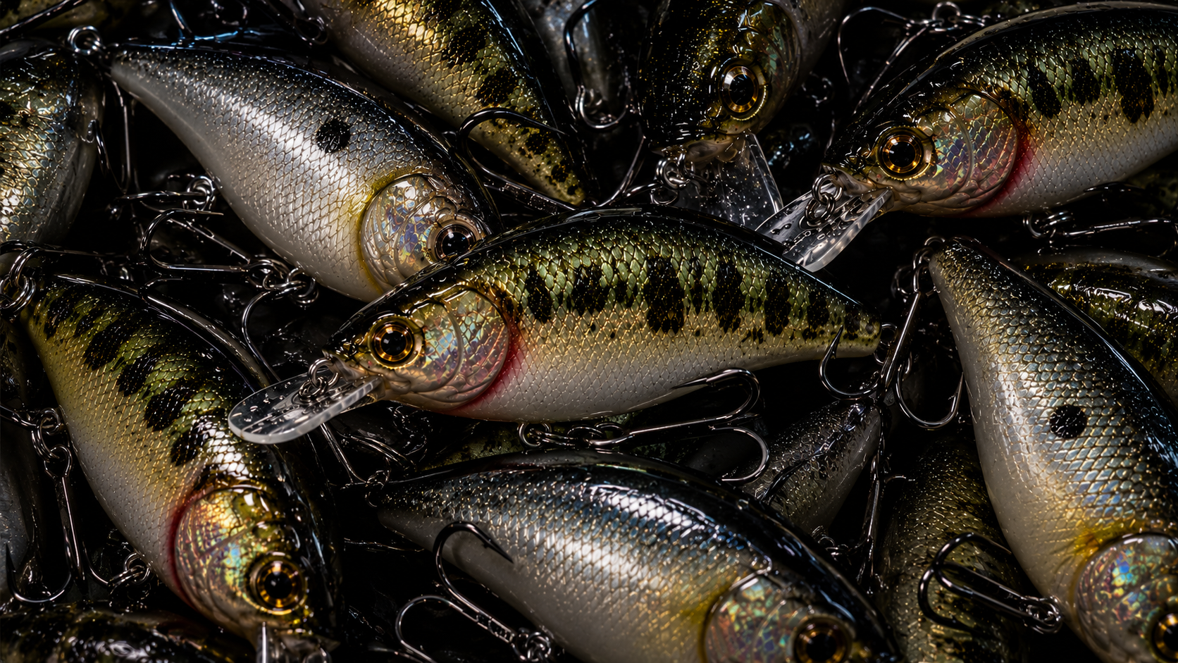 A pile of hand-finished Drifter crankbaits in bass and shad finishes