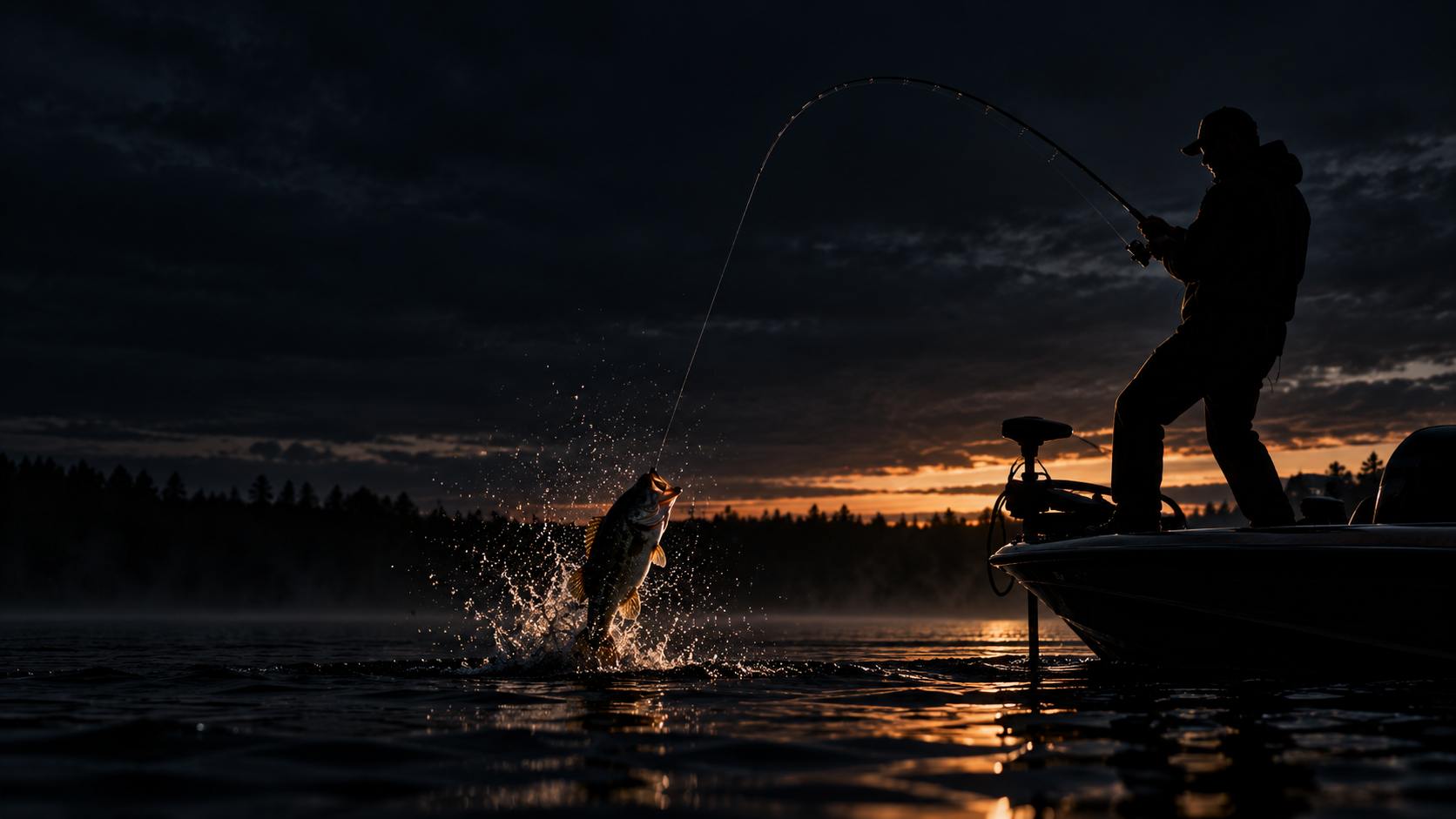Angler silhouetted on a bass boat at dusk, fighting a jumping largemouth bass